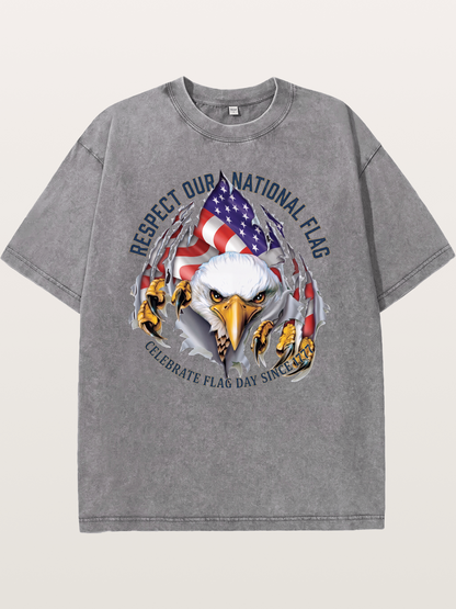Ripped Flag Eagle Patriotic Print Washed T-shirt