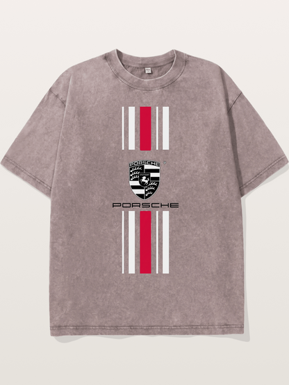 Porsche Crest Striped Design Washed T-shirt