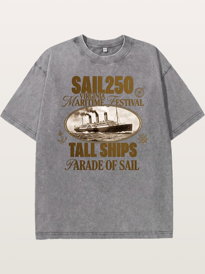 Vintage Sail Ship Maritime Print Washed T-shirt