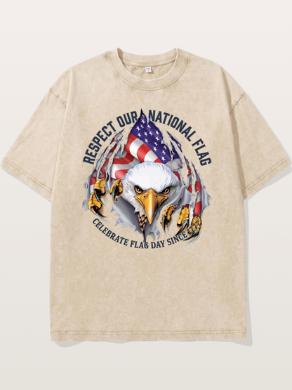 Ripped Flag Eagle Patriotic Print Washed T-shirt