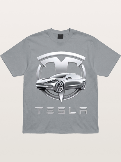 Tesla Silver Metallic Logo Print Gildan T-shirt