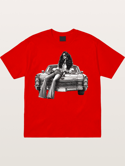 Retro Cadillac & Woman Sketch Cotton T-shirt