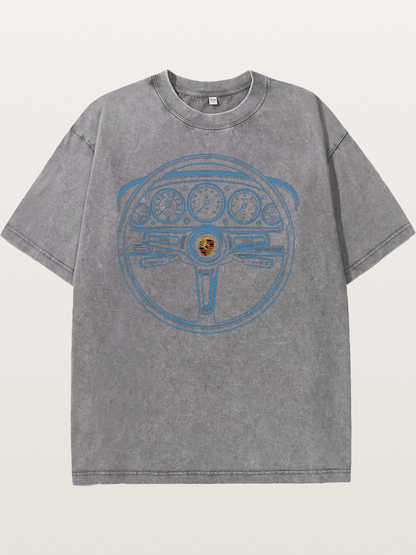 Porsche Classic Steering Wheel Blueprint Washed T-shirt