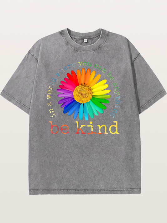 Rainbow Daisy Be Kind Quote Design Washed T-shirt