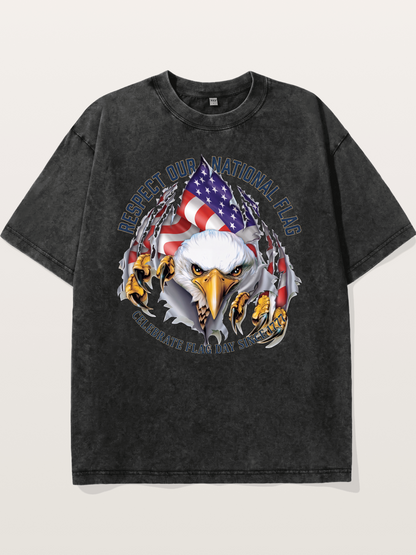 Ripped Flag Eagle Patriotic Print Washed T-shirt