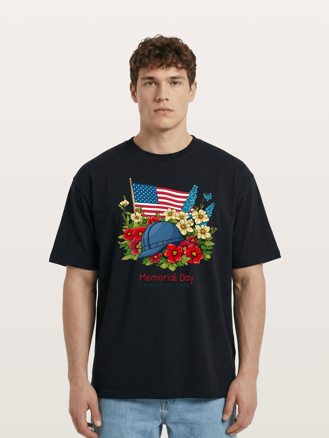 Memorial Day Flowers Helmet American Flag Cotton T-shirt