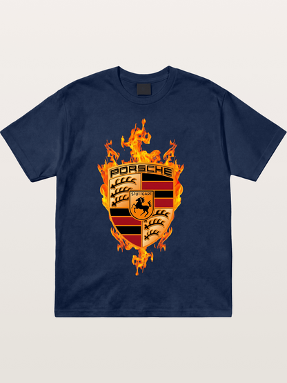 Porsche Crest Fire Flame Design Cotton T-shirt