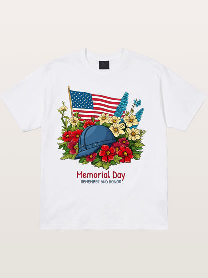 Memorial Day Flowers Helmet American Flag Cotton T-shirt
