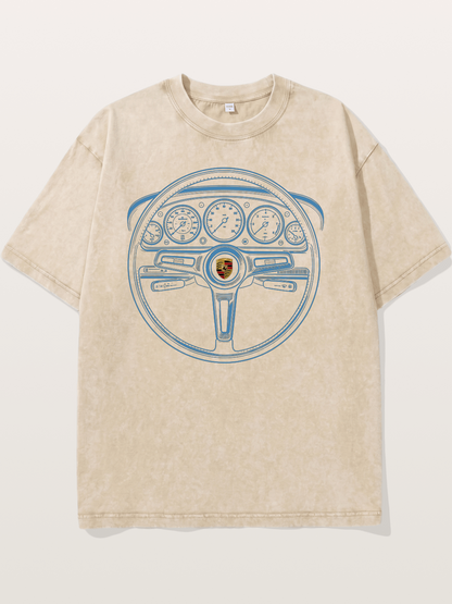 Porsche Classic Steering Wheel Blueprint Washed T-shirt