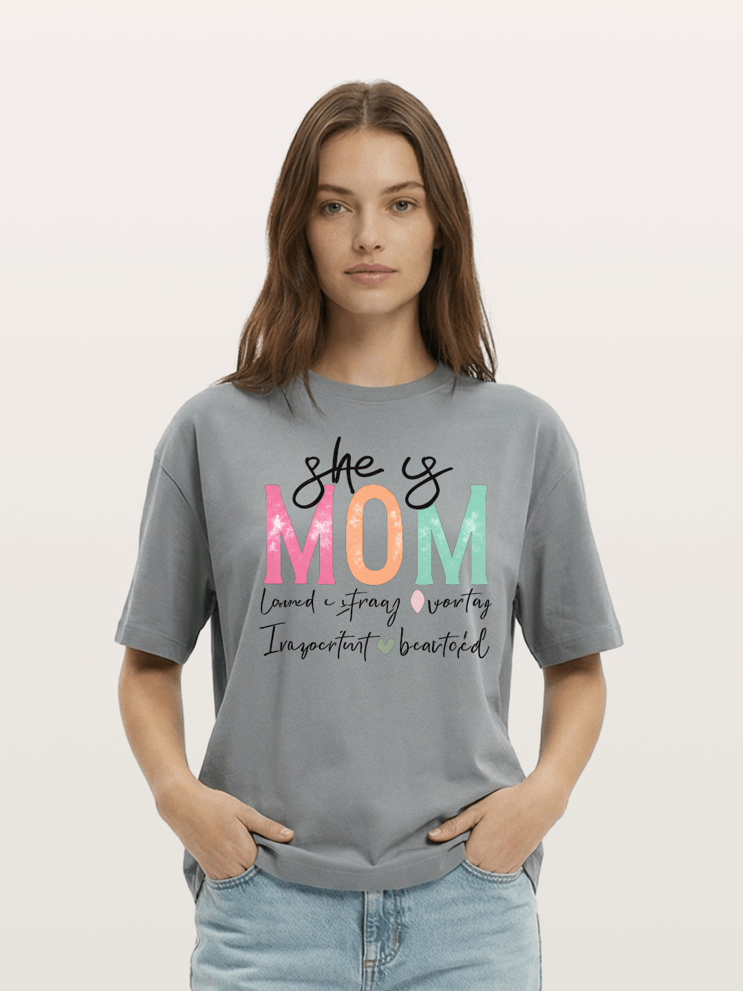 She is Mom Boho Pastel Print Cotton T-shirt