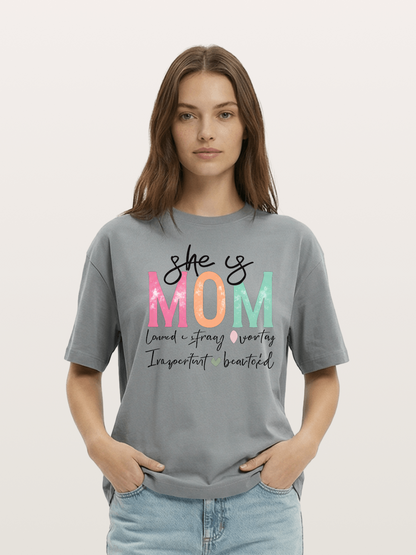 She is Mom Boho Pastel Print Cotton T-shirt