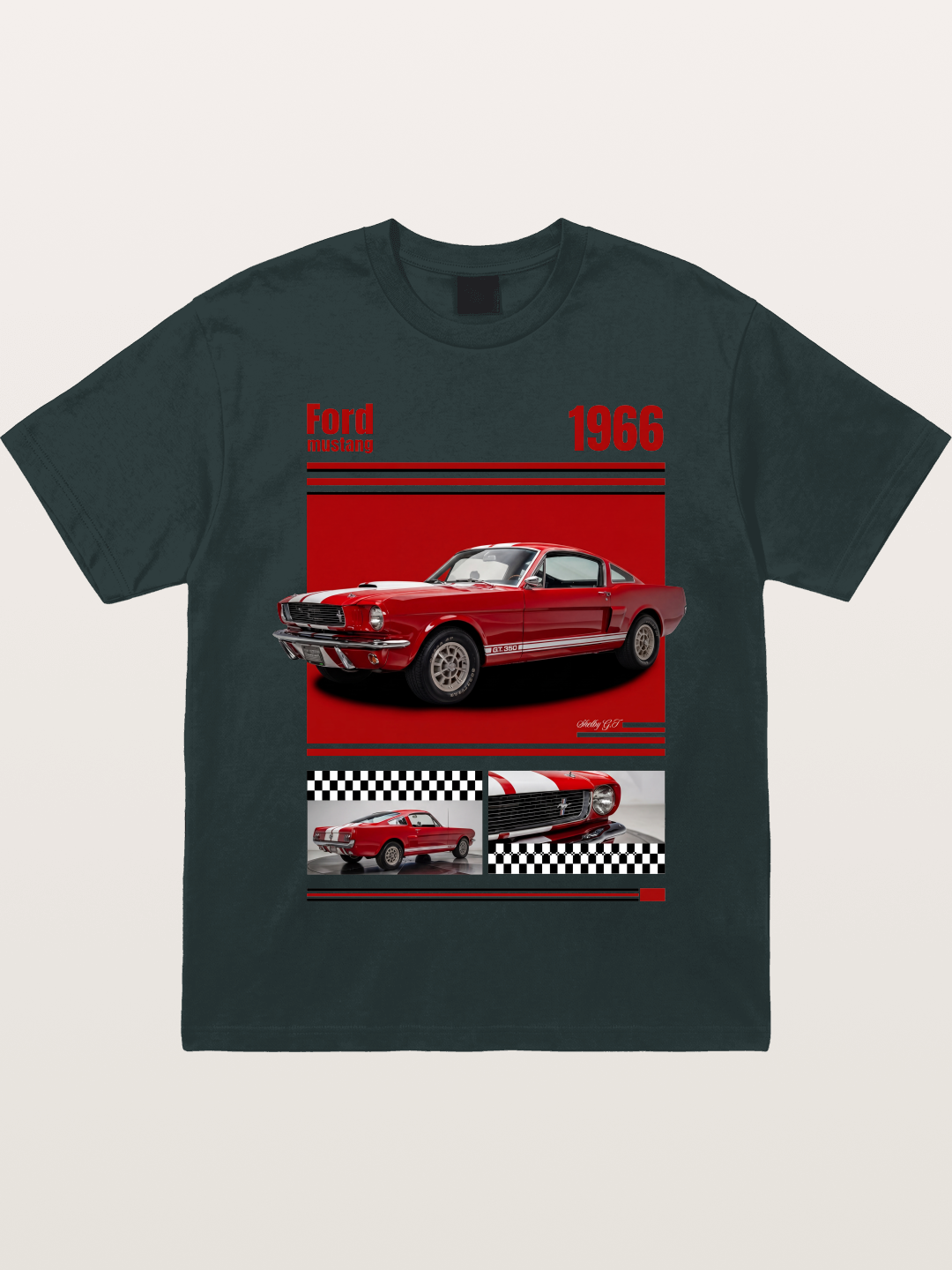 1966 Ford Mustang Fastback Red White Gildan T-shirt