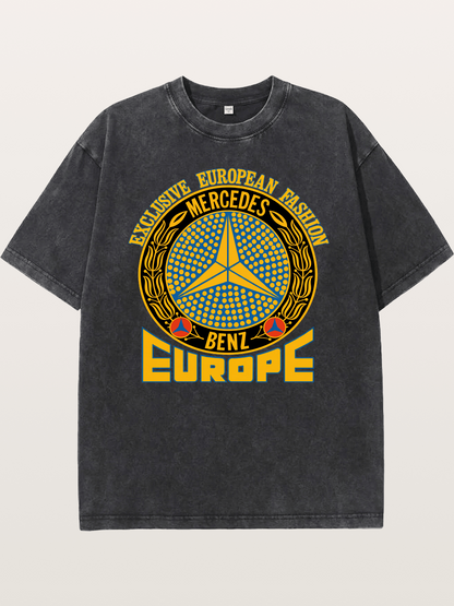 European Fashion Mercedes Print Washed T-shirt