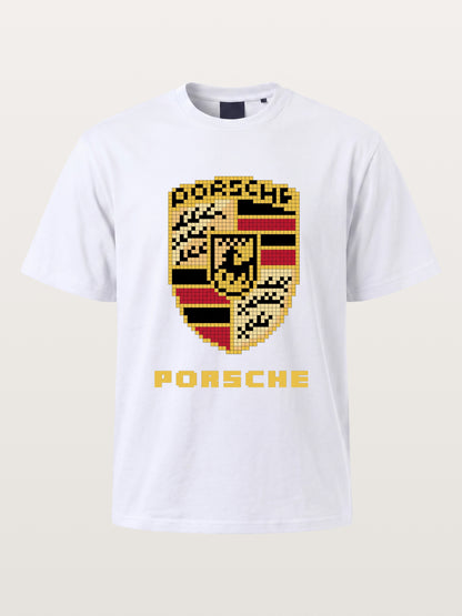 Pixel Mosaic Porsche Crest Emblem Cotton T-shirt