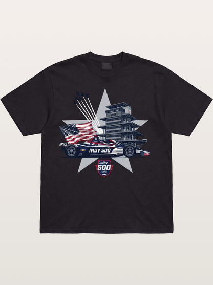 Indy 500 Pagoda Star Flag Illustration Cotton T-shirt
