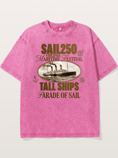 Vintage Sail Ship Maritime Print Washed T-shirt