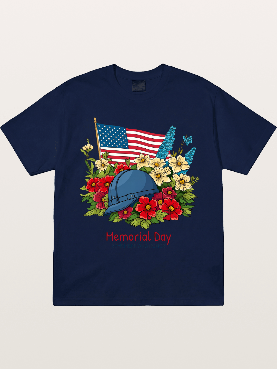 Memorial Day Flowers Helmet American Flag Gildan T-shirt
