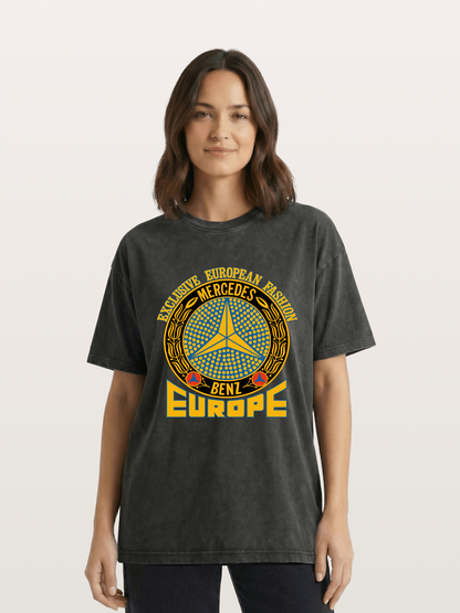 European Fashion Mercedes Print Washed T-shirt