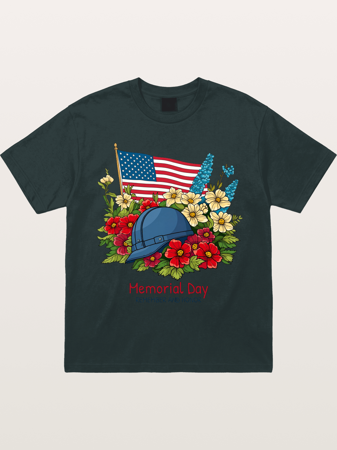 Memorial Day Flowers Helmet American Flag Gildan T-shirt
