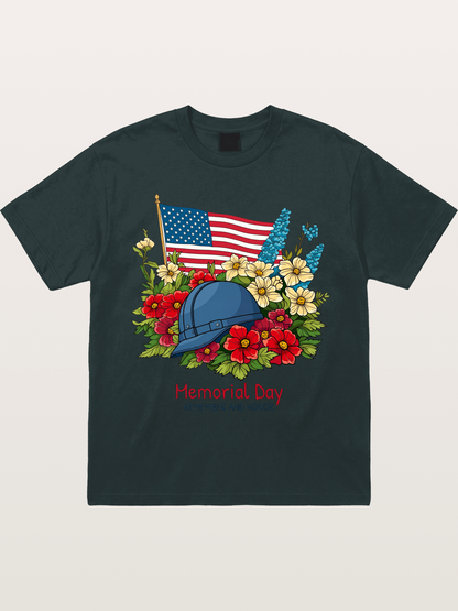 Memorial Day Flowers Helmet American Flag Gildan T-shirt