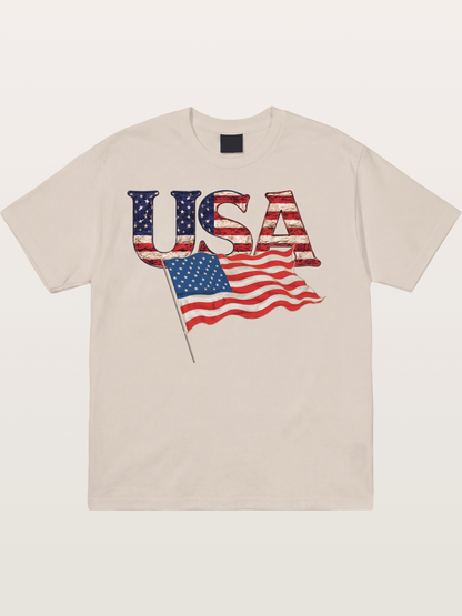 USA Letters American Flag Texture Cotton T-shirt