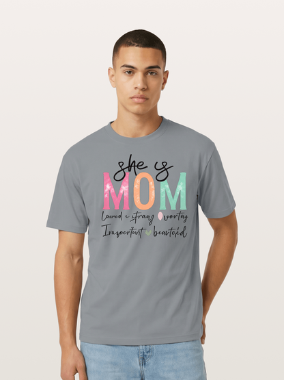 She is Mom Boho Pastel Print Cotton T-shirt