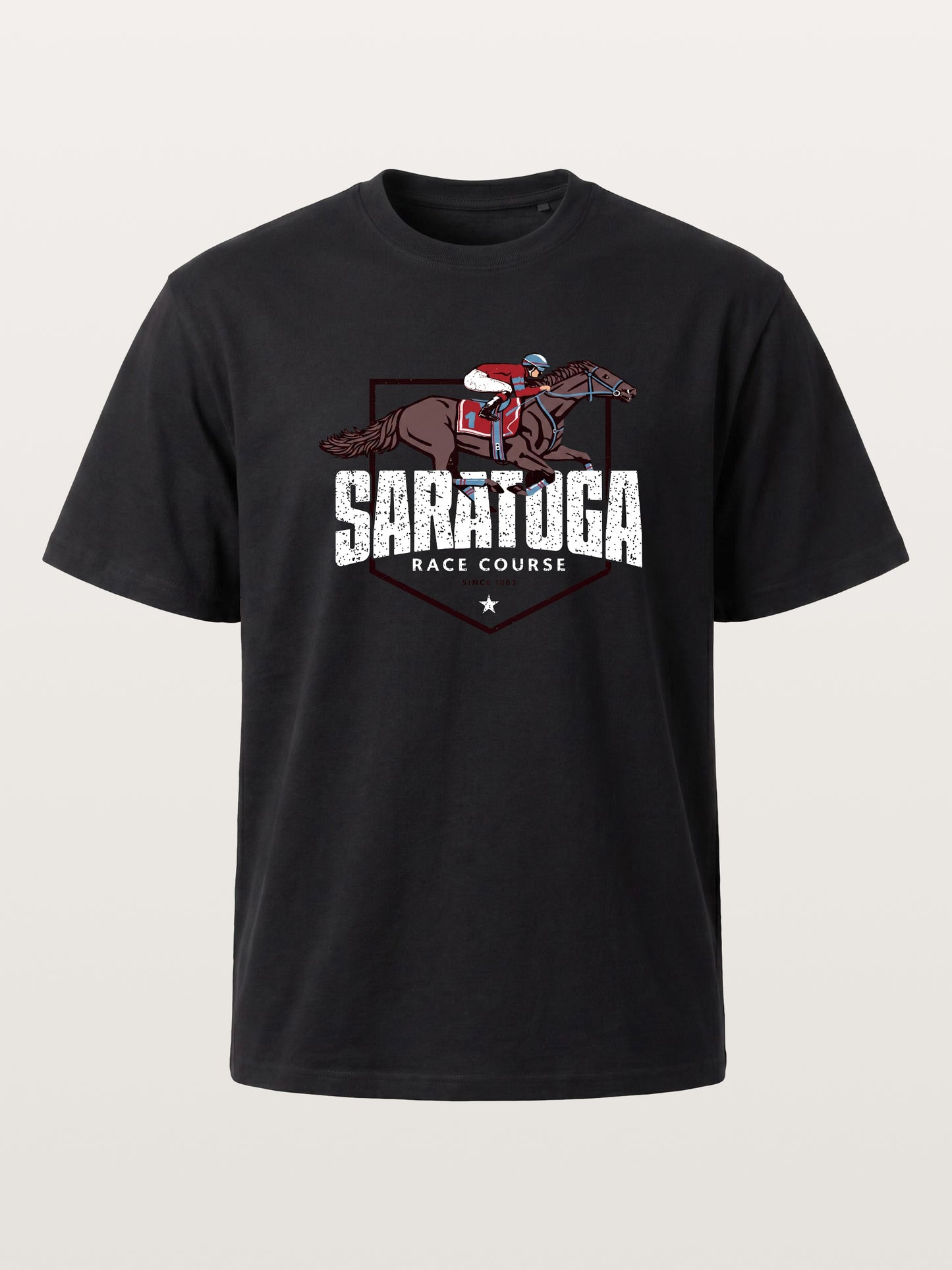 Saratoga Jockey And Horse Illustration Cotton T-shirt