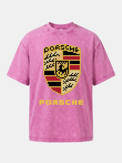 Pixel Mosaic Porsche Crest Emblem Washed T-shirt