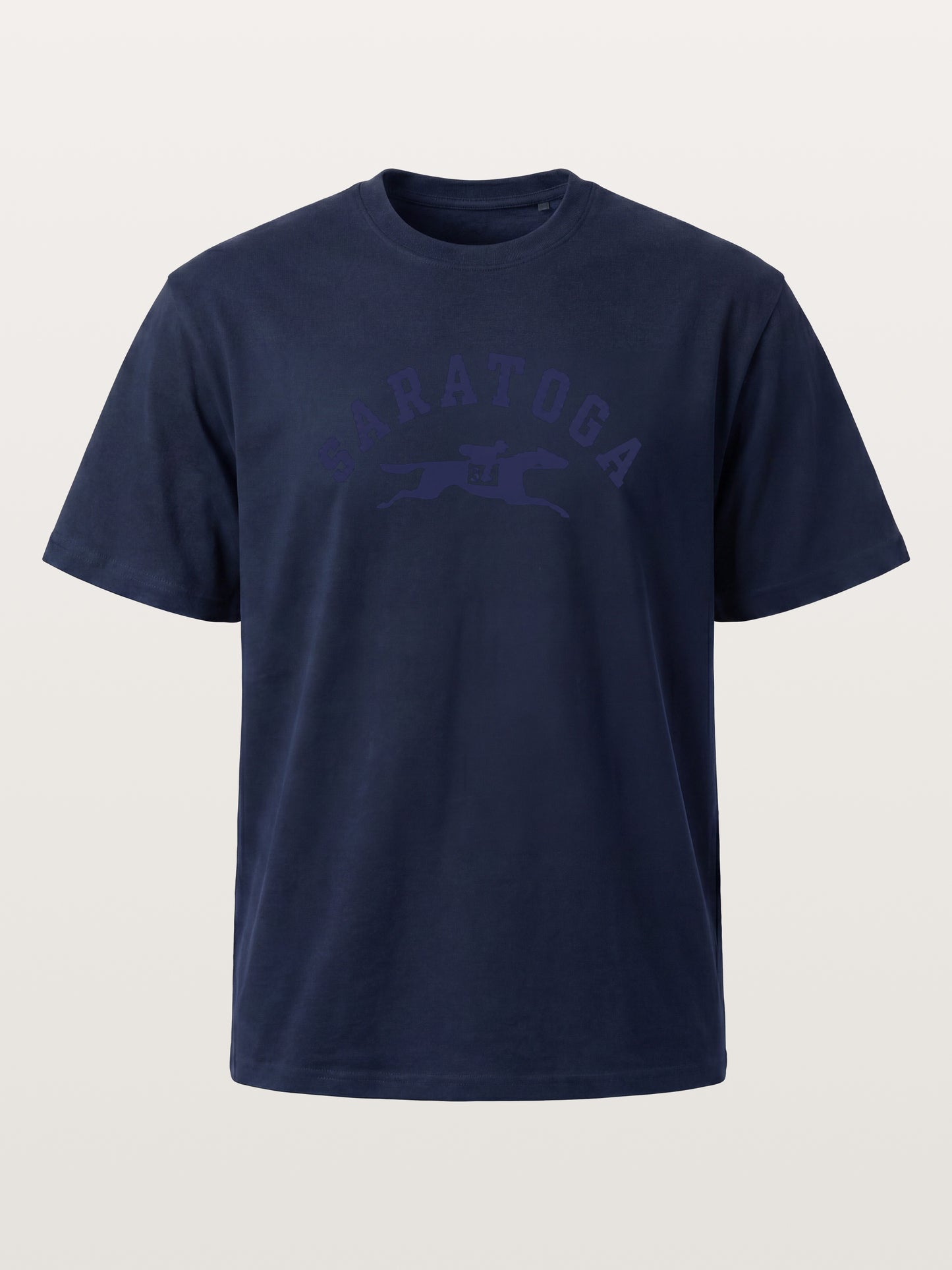 Saratoga Navy Horse Racing Mark Cotton T-shirt