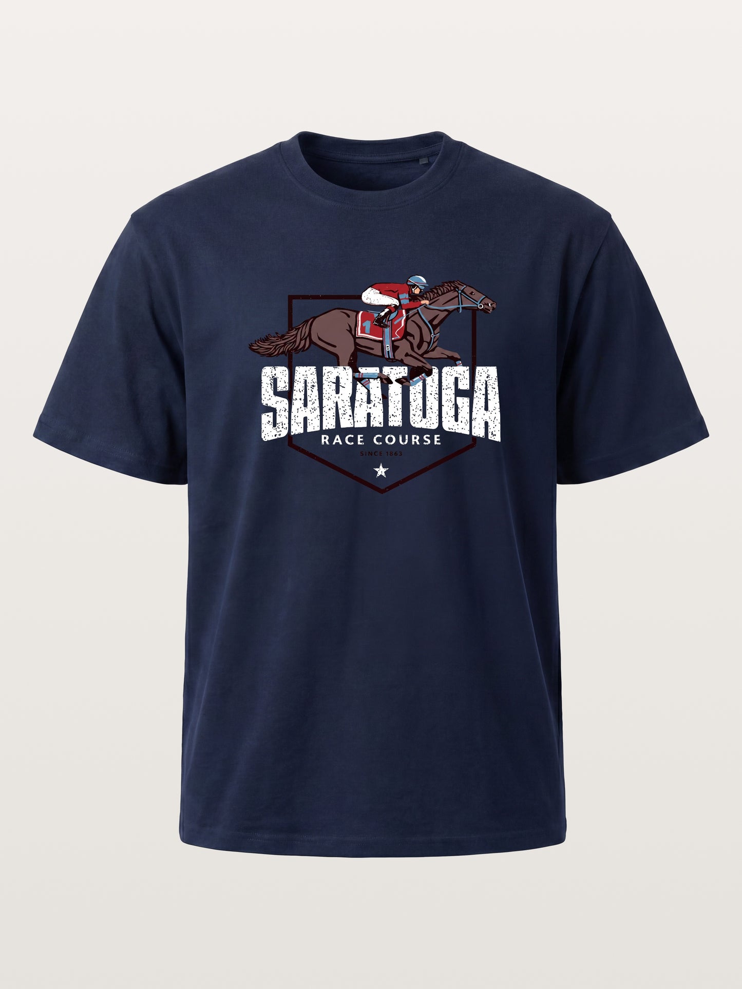 Saratoga Jockey And Horse Illustration Cotton T-shirt
