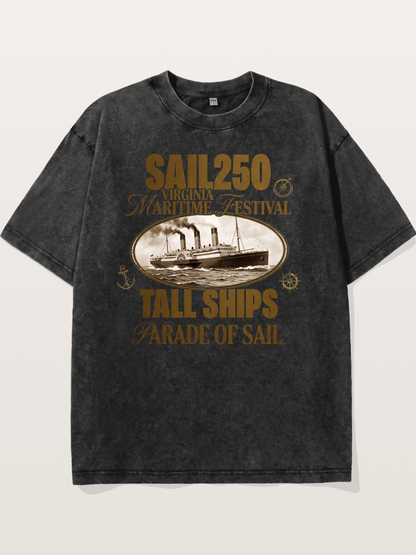Vintage Sail Ship Maritime Print Washed T-shirt