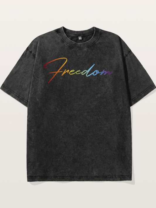Freedom Rainbow Gradient Script Text Washed T-shirt