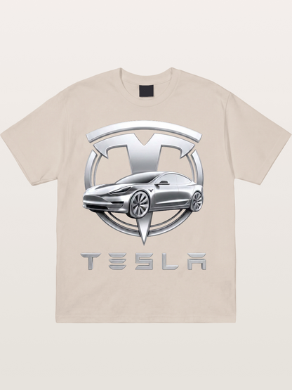 Tesla Silver Metallic Logo Print Cotton T-shirt
