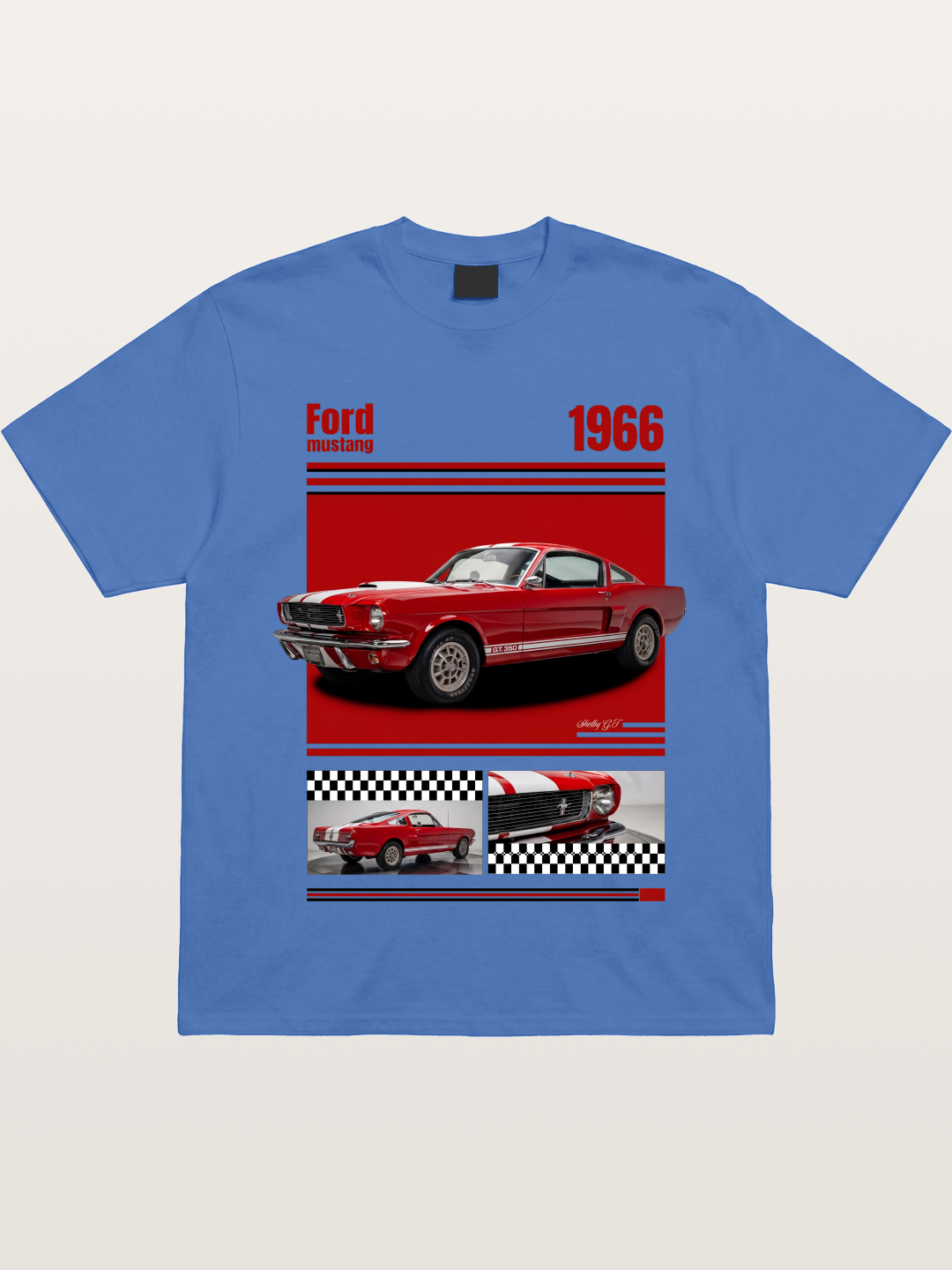 1966 Ford Mustang Fastback Red White Gildan T-shirt