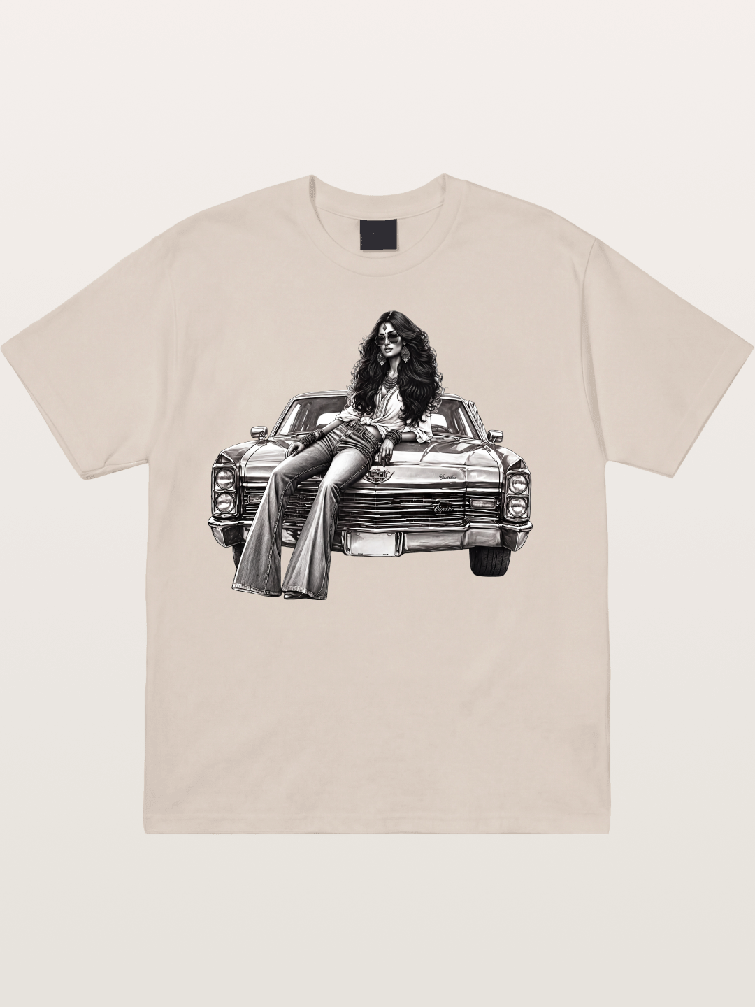 Retro Cadillac & Woman Sketch Cotton T-shirt
