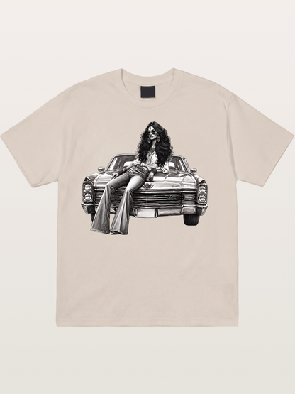 Retro Cadillac & Woman Sketch Cotton T-shirt