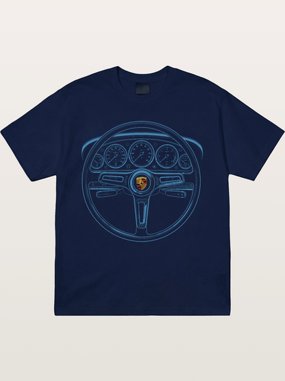 Porsche Classic Steering Wheel Blueprint Gildan T-shirt