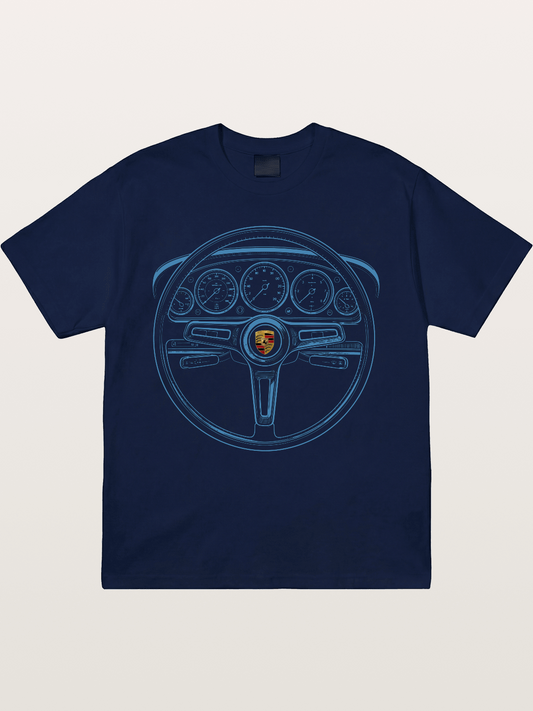 Porsche Classic Steering Wheel Blueprint Gildan T-shirt