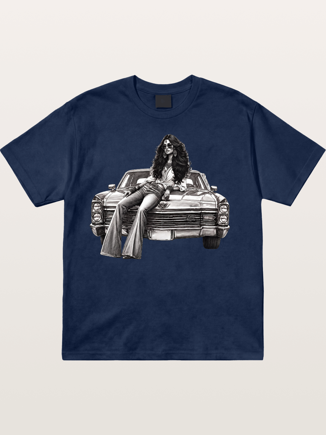 Retro Cadillac & Woman Sketch Cotton T-shirt