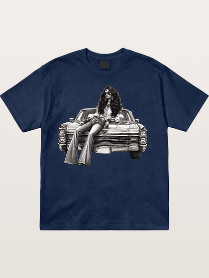 Retro Cadillac & Woman Sketch Cotton T-shirt