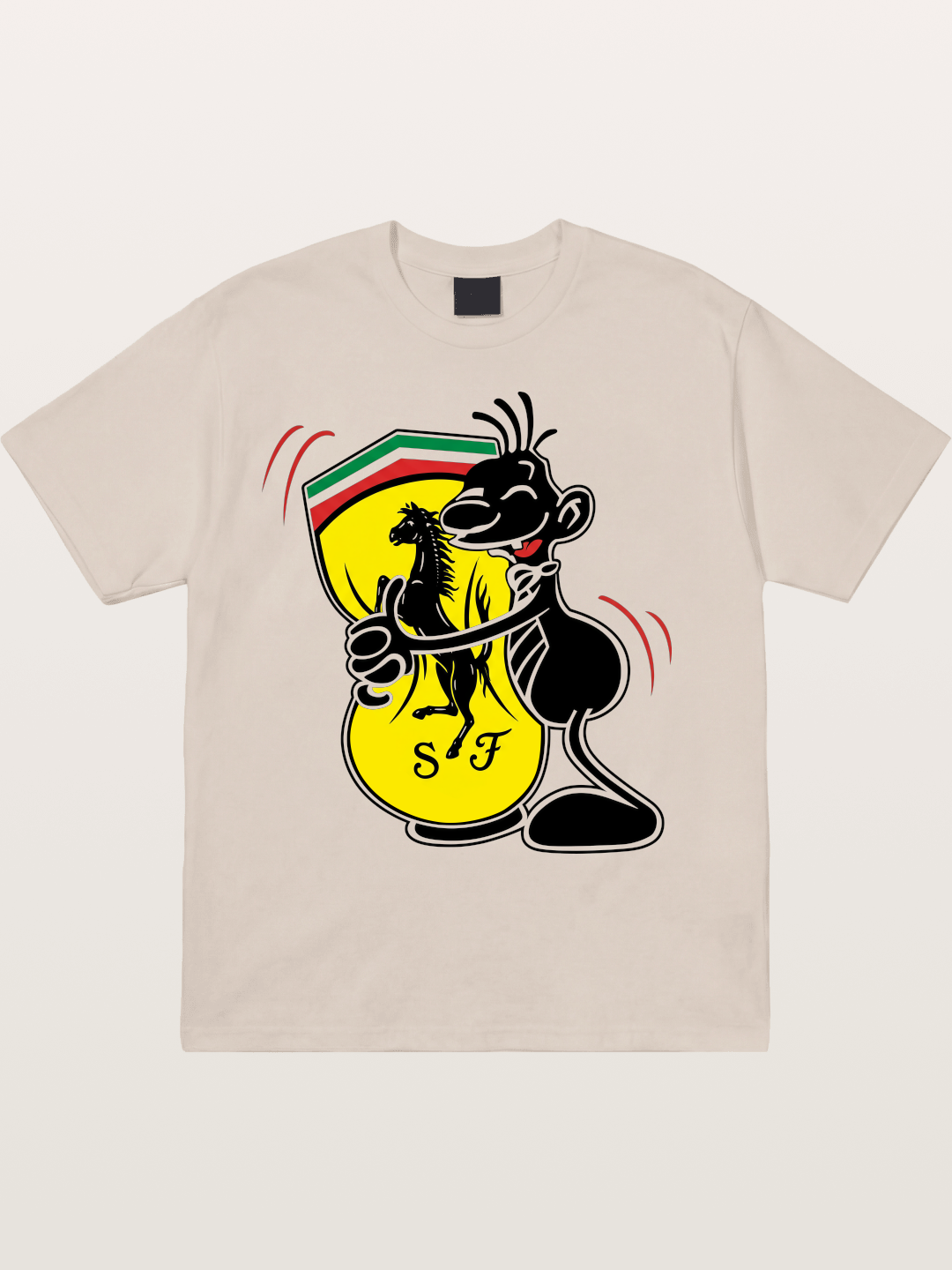 Cartoon Figure Embraces Ferrari Cotton T-shirt