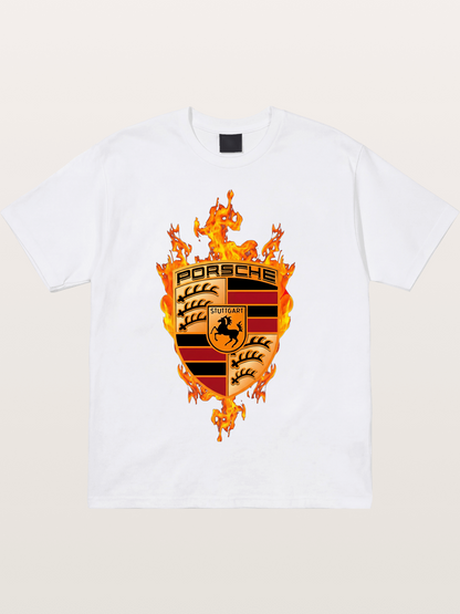 Porsche Crest Fire Flame Design Cotton T-shirt