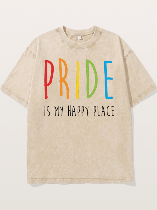 Pride Is My Happy Place Rainbow Text Washed T-shirt