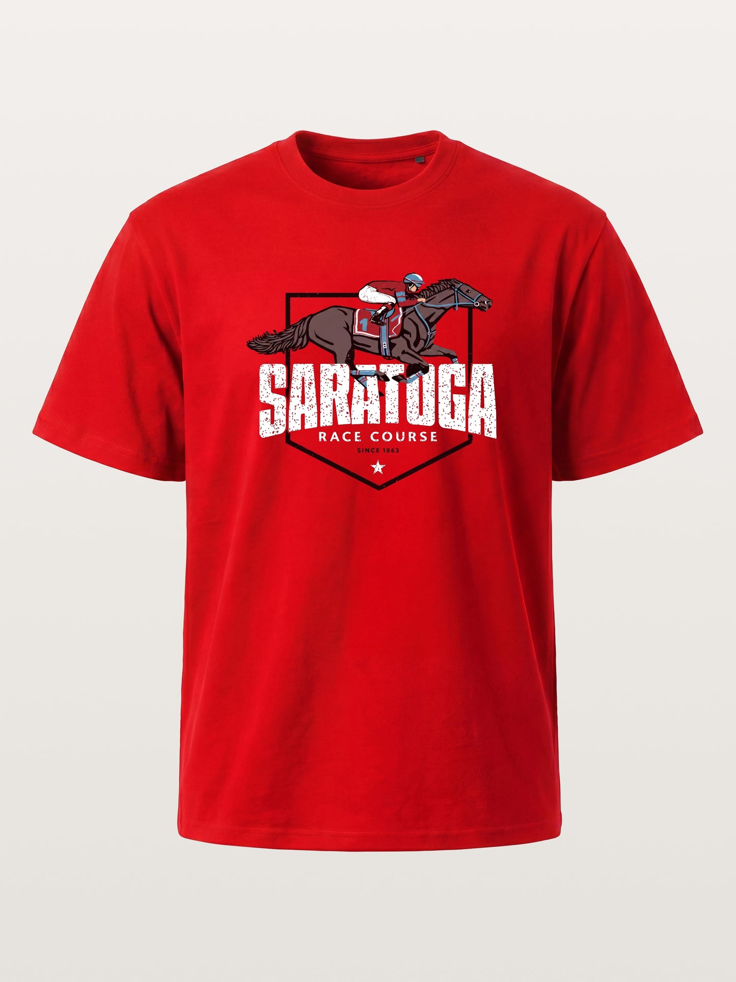 Saratoga Jockey And Horse Illustration Cotton T-shirt