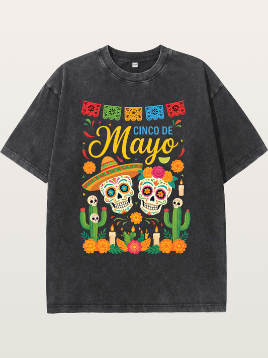 Cinco de Mayo Sugar Skull Fiesta Washed T-shirt