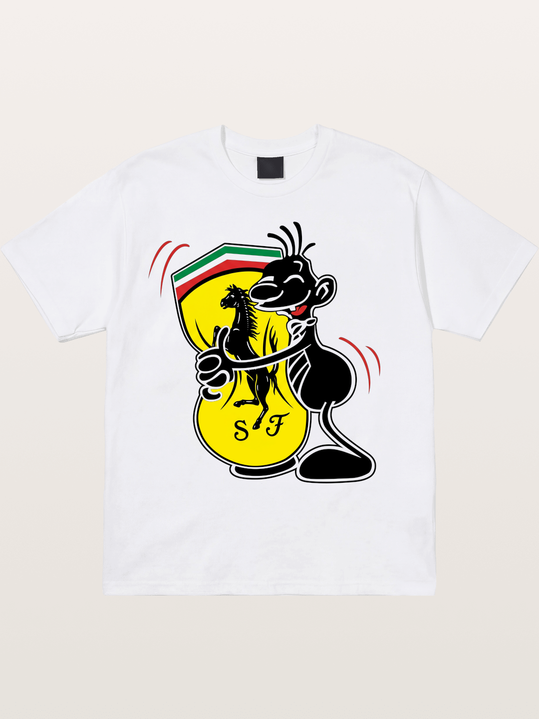 Cartoon Figure Embraces Ferrari Cotton T-shirt