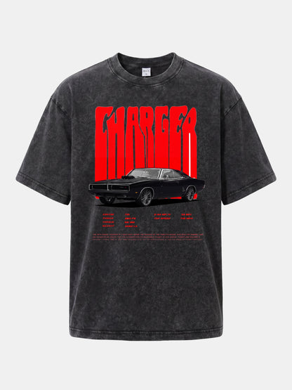 Red Charger Retro Muscle Print Washed T-shirt