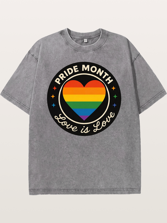 Pride Month Love Is Love Heart Badge Washed T-shirt