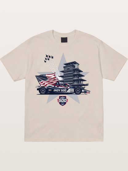Indy 500 Pagoda Star Flag Illustration Cotton T-shirt