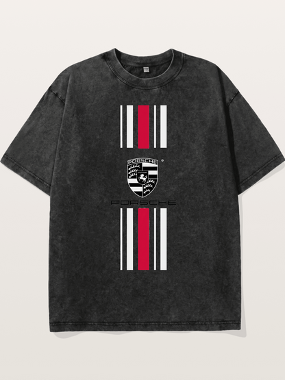 Porsche Crest Striped Design Washed T-shirt